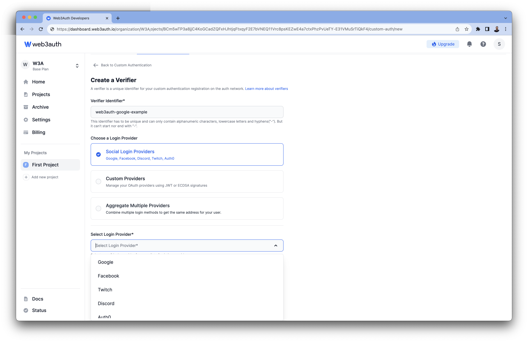 Twitter - Auth0 Authentication Type list on Web3Auth
Dashboard